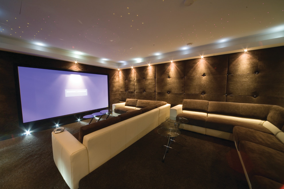 Свежая идея для дизайна: большой изолированный домашний кинотеатр в стиле модернизм с коричневыми стенами, ковровым покрытием, проектором и коричневым полом - отличное фото интерьера