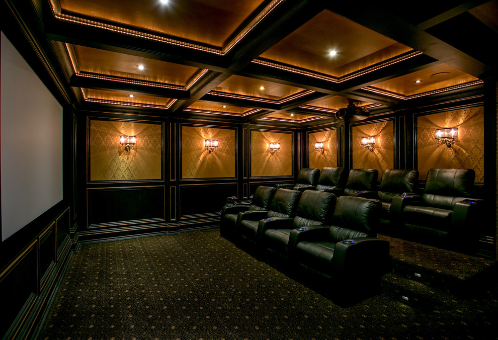 Источник вдохновения для домашнего уюта: огромный изолированный домашний кинотеатр в классическом стиле с черными стенами, ковровым покрытием, проектором и коричневым полом