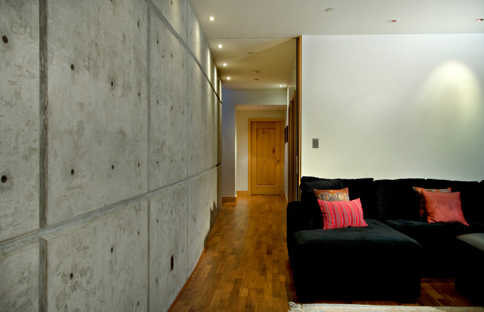 Idéer för att renovera ett stort funkis avskild hemmabio, med vita väggar och mellanmörkt trägolv