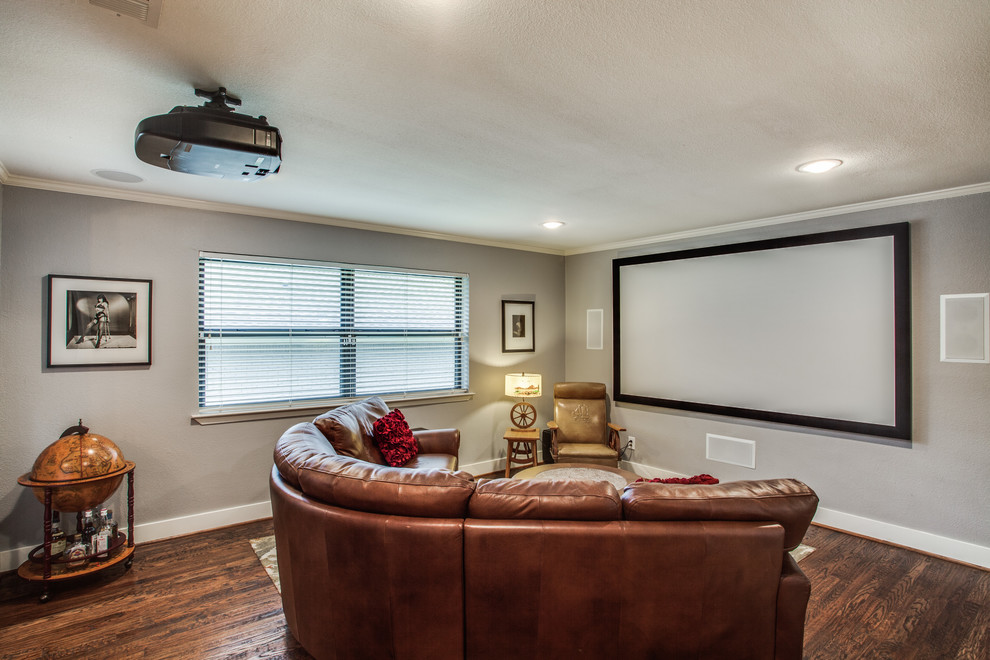 Medium sized classic open plan home cinema in Dallas with grey walls, medium hardwood flooring, a projector screen and brown floors.
