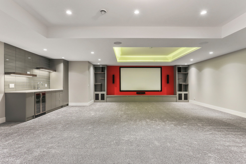 Inspiration for a modern home theater remodel in Calgary