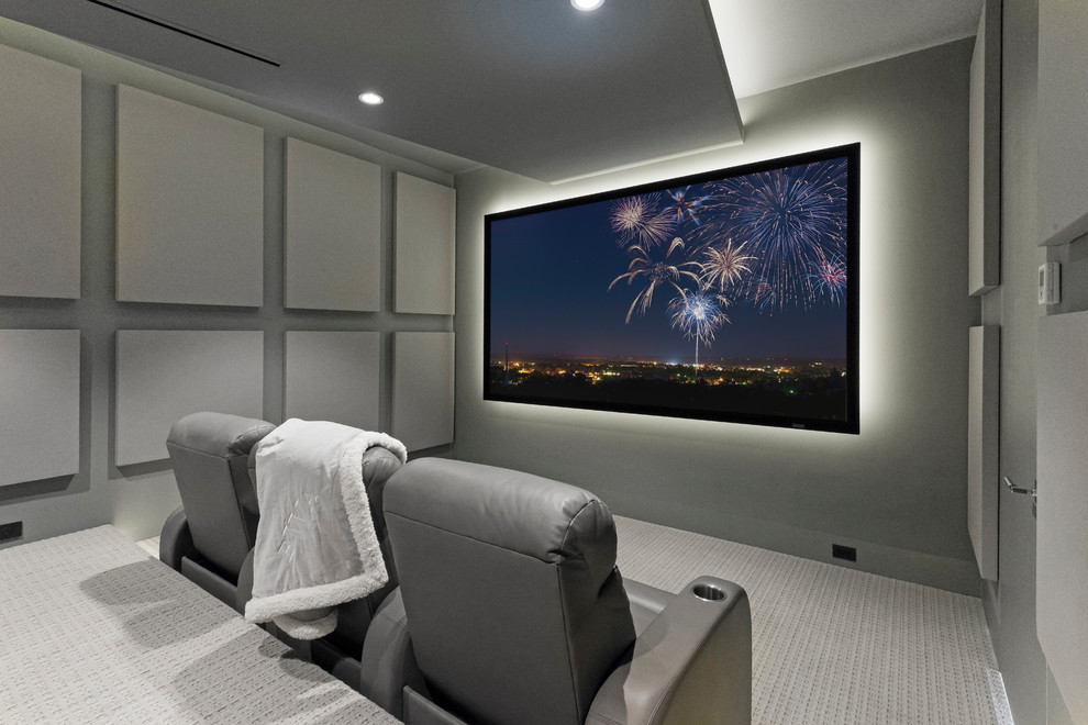 Inspiration for a contemporary enclosed carpeted and gray floor home theater remodel in Miami with gray walls