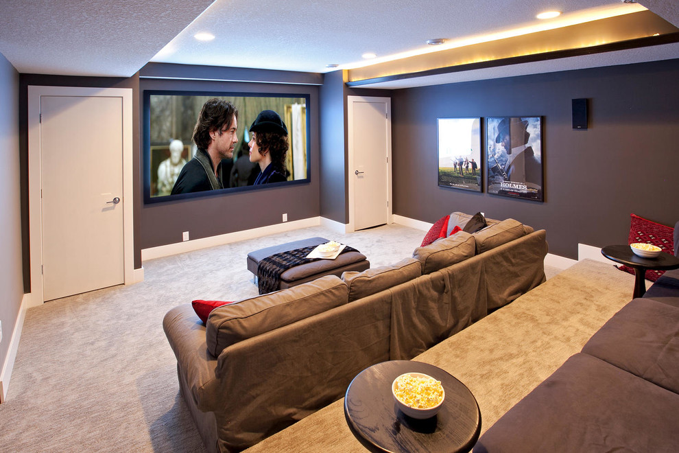 Example of a large 1960s enclosed home theater design in Minneapolis with a projector screen