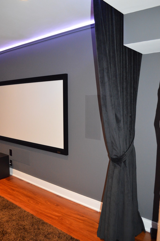 Exemple d'une salle de cinéma tendance de taille moyenne et fermée avec un mur gris, parquet foncé, un téléviseur encastré et un sol marron.