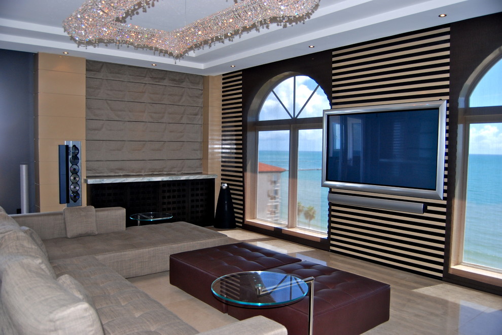 Inspiration for a contemporary home cinema in Miami with a wall mounted tv.