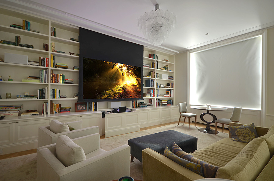 Inspiration for a modern home theater remodel in New York
