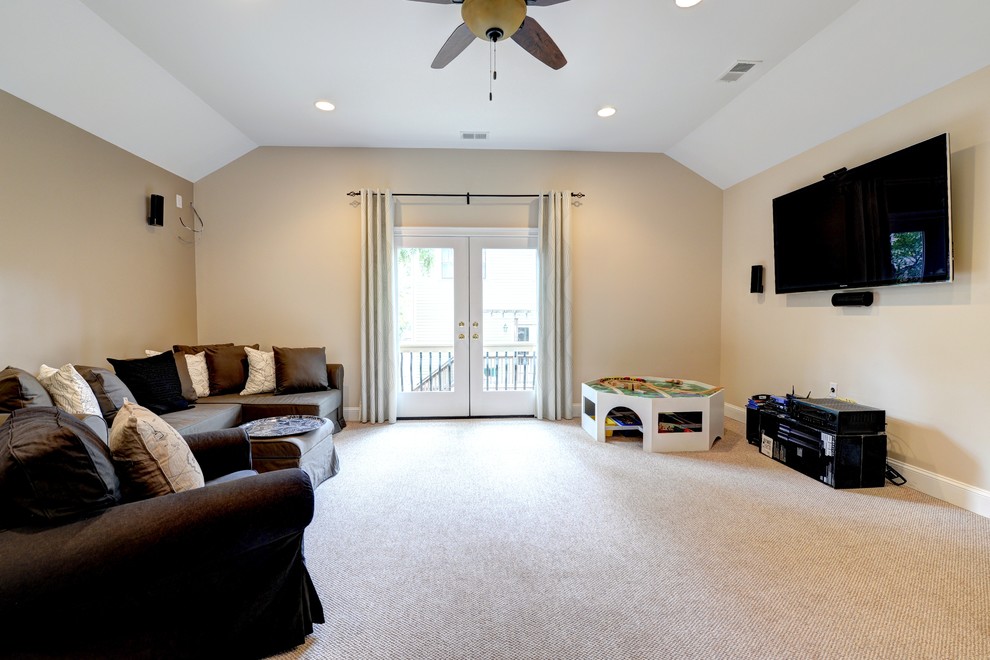 Example of a mid-sized arts and crafts home theater design in Atlanta