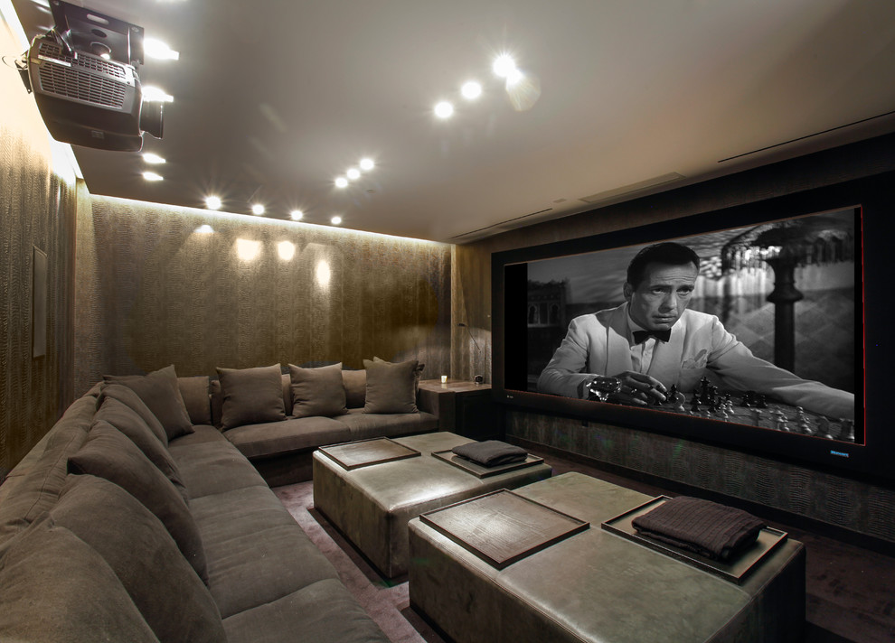 Cette photo montre une salle de cinéma tendance avec un mur gris, moquette et un écran de projection.