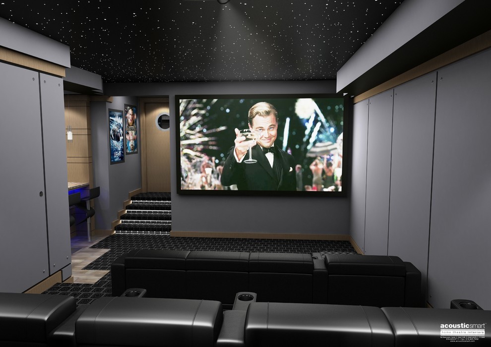 Foto de cine en casa cerrado minimalista grande con paredes multicolor, moqueta, pantalla de proyección y suelo multicolor