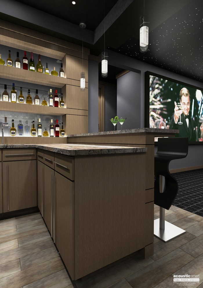 Esempio di un grande angolo bar moderno con moquette e pavimento multicolore