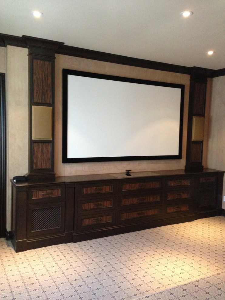 Photo of a medium sized contemporary enclosed home cinema in Los Angeles with green walls, carpet and a projector screen.