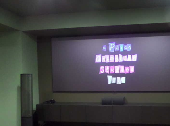 Cette image montre une grande salle de cinéma design ouverte avec un écran de projection.