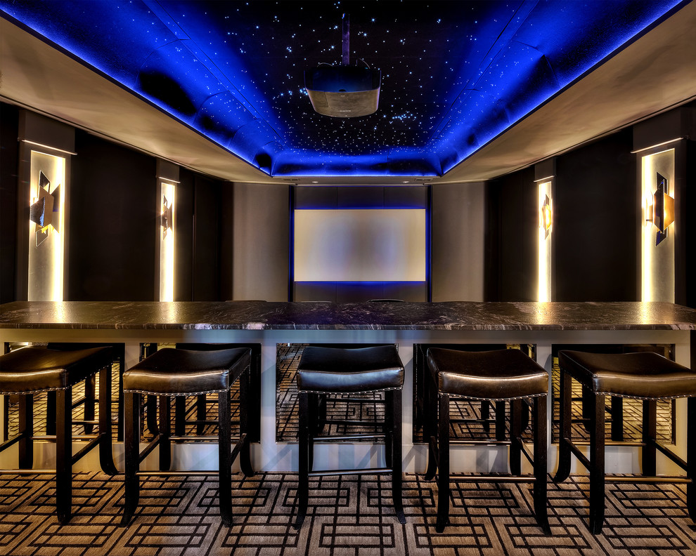На фото: изолированный домашний кинотеатр в современном стиле с проектором, коричневыми стенами, ковровым покрытием и разноцветным полом с