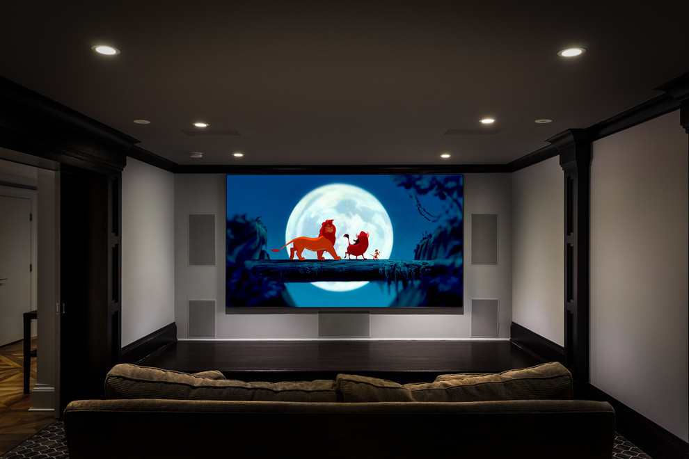 Mid-sized elegant enclosed carpeted and black floor home theater photo in New York with white walls and a projector screen