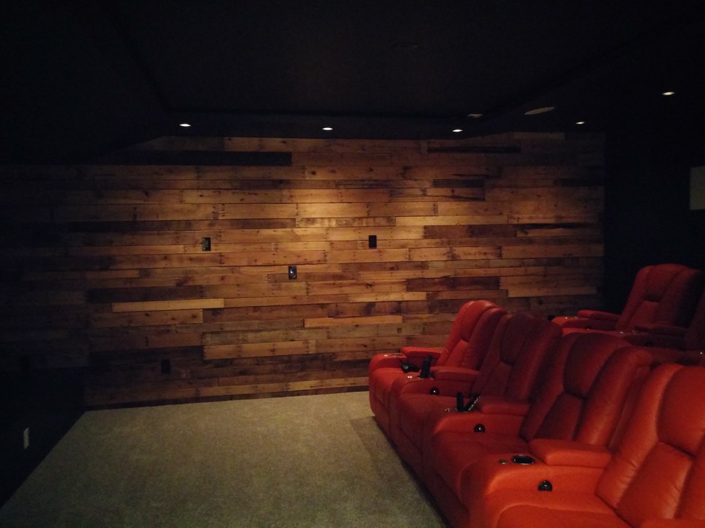 Example of a mid-sized mountain style home theater design in DC Metro
