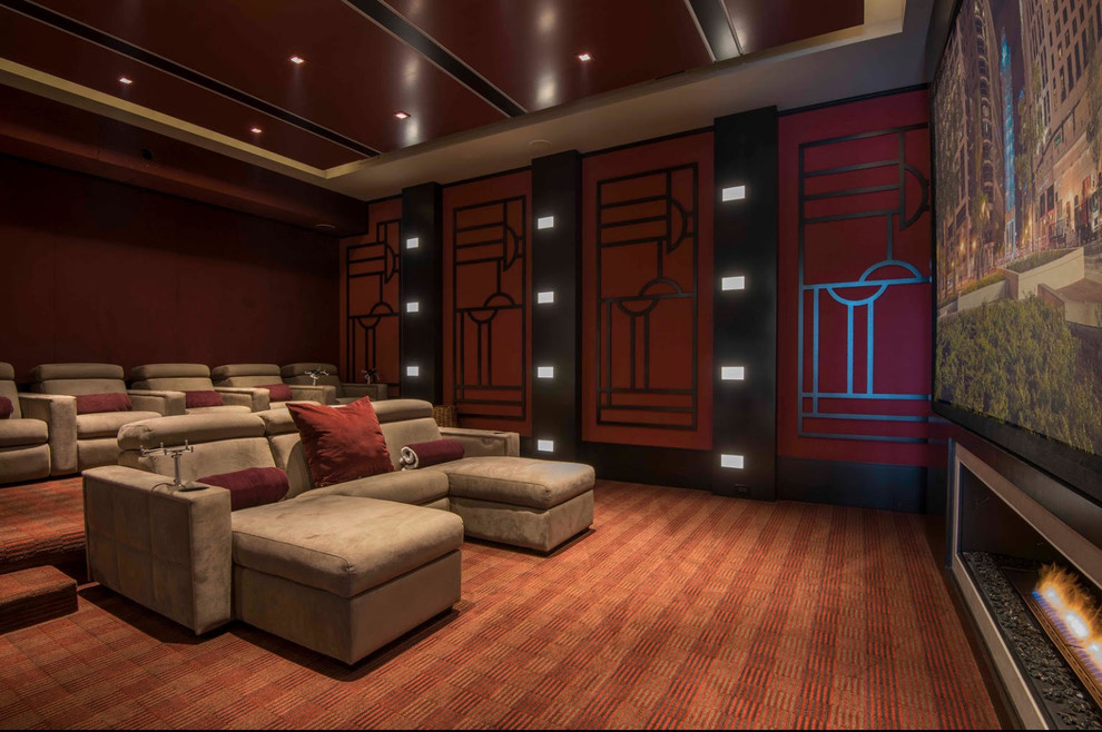 Design ideas for a large contemporary enclosed home cinema in Miami with red walls, carpet, a projector screen and red floors.