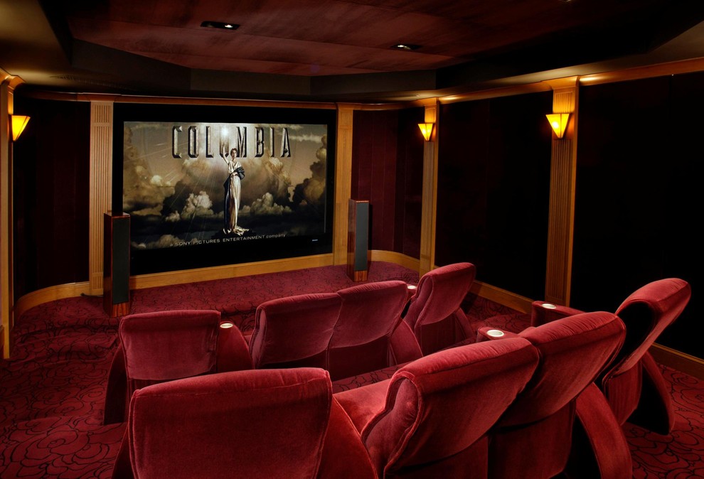 Photo of a mediterranean home cinema in San Francisco with red floors.