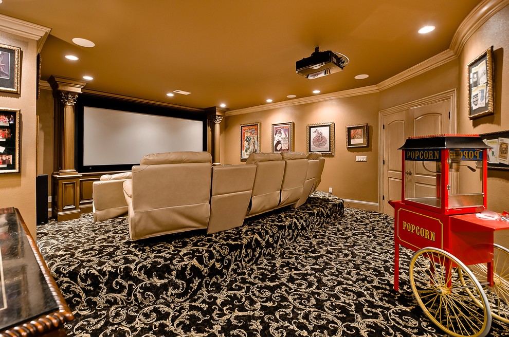 Design ideas for a classic home cinema in Little Rock with carpet and a projector screen.