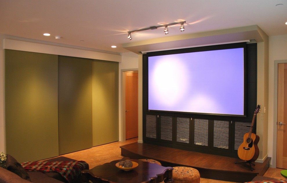 Пример оригинального дизайна: домашний кинотеатр в стиле модернизм