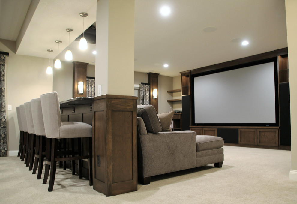 Example of a huge transitional open concept carpeted and beige floor home theater design in Minneapolis with beige walls and a projector screen