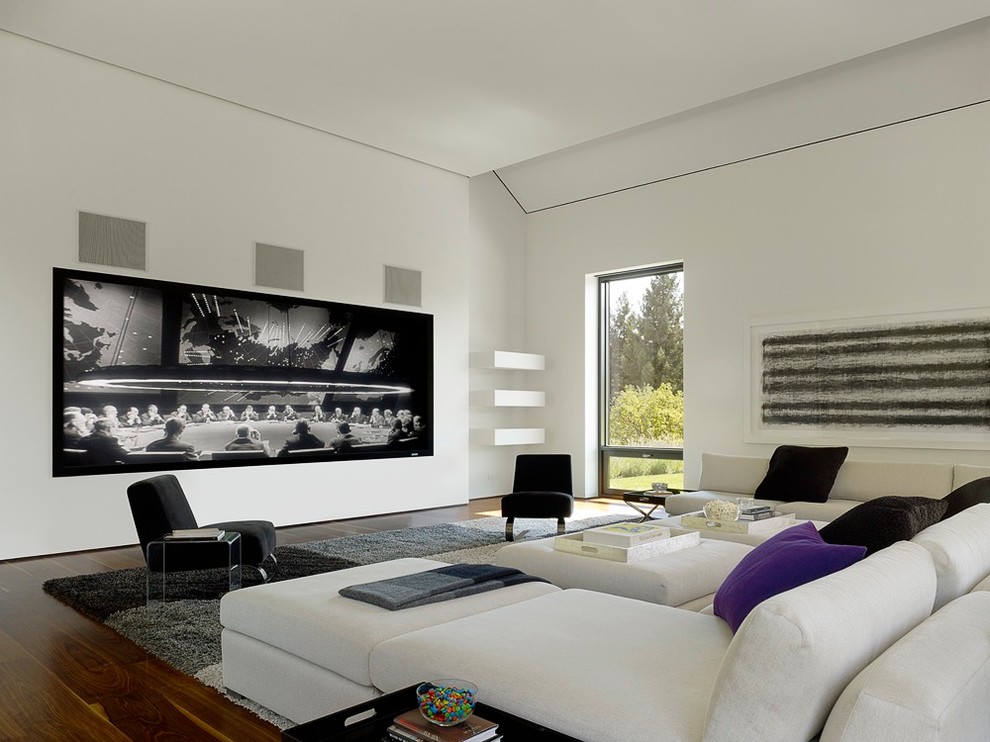 Modelo de cine en casa cerrado actual con paredes blancas, suelo de madera en tonos medios y pared multimedia