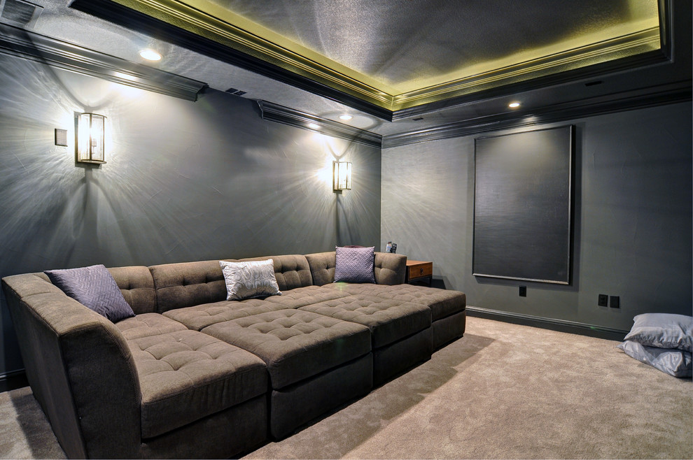 Home theater - large transitional enclosed carpeted home theater idea in Dallas with gray walls