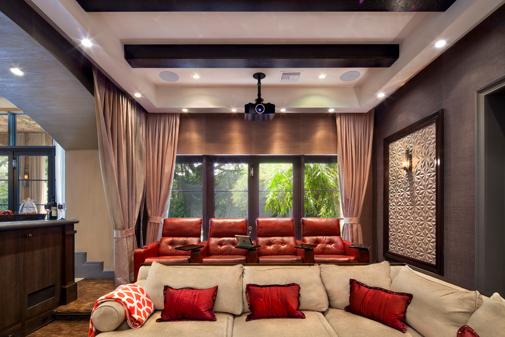 Mid-sized transitional open concept carpeted home theater photo in Miami with multicolored walls and a projector screen