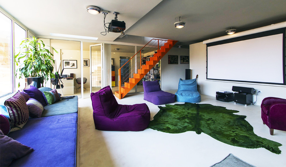 Medium sized contemporary home cinema in Turin with white walls, porcelain flooring, a projector screen and white floors.
