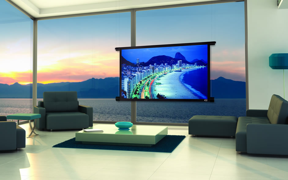 Example of a minimalist home theater design in Miami with white walls and a projector screen