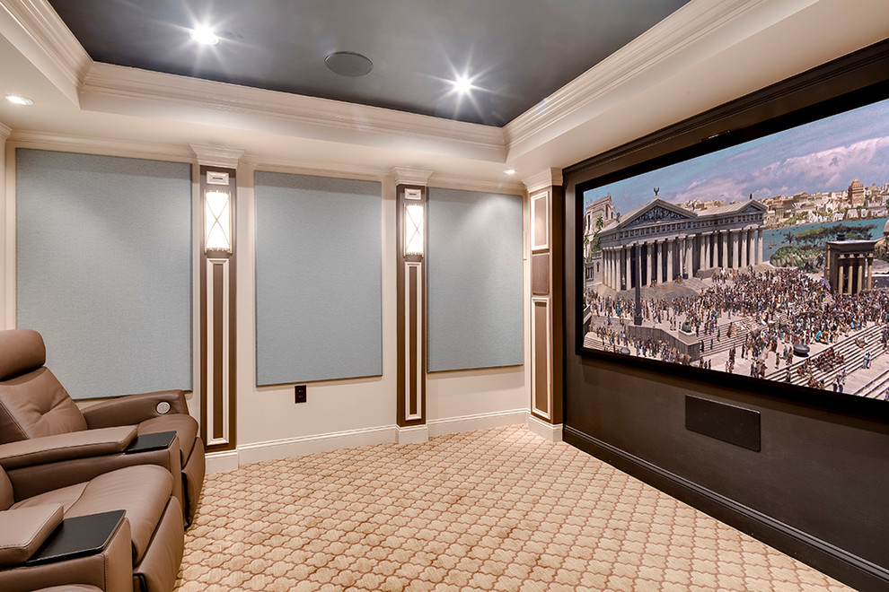 Small contemporary enclosed home cinema in Baltimore with blue walls, carpet and a projector screen.