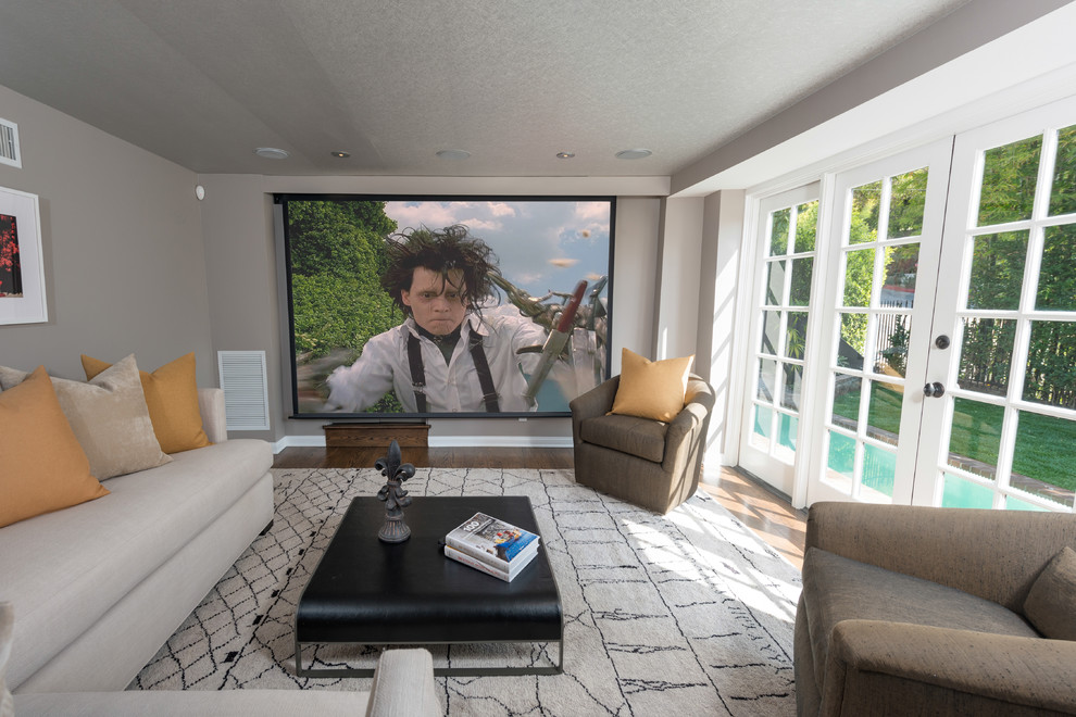Home theater - mid-sized contemporary open concept light wood floor home theater idea in Los Angeles with gray walls and a projector screen