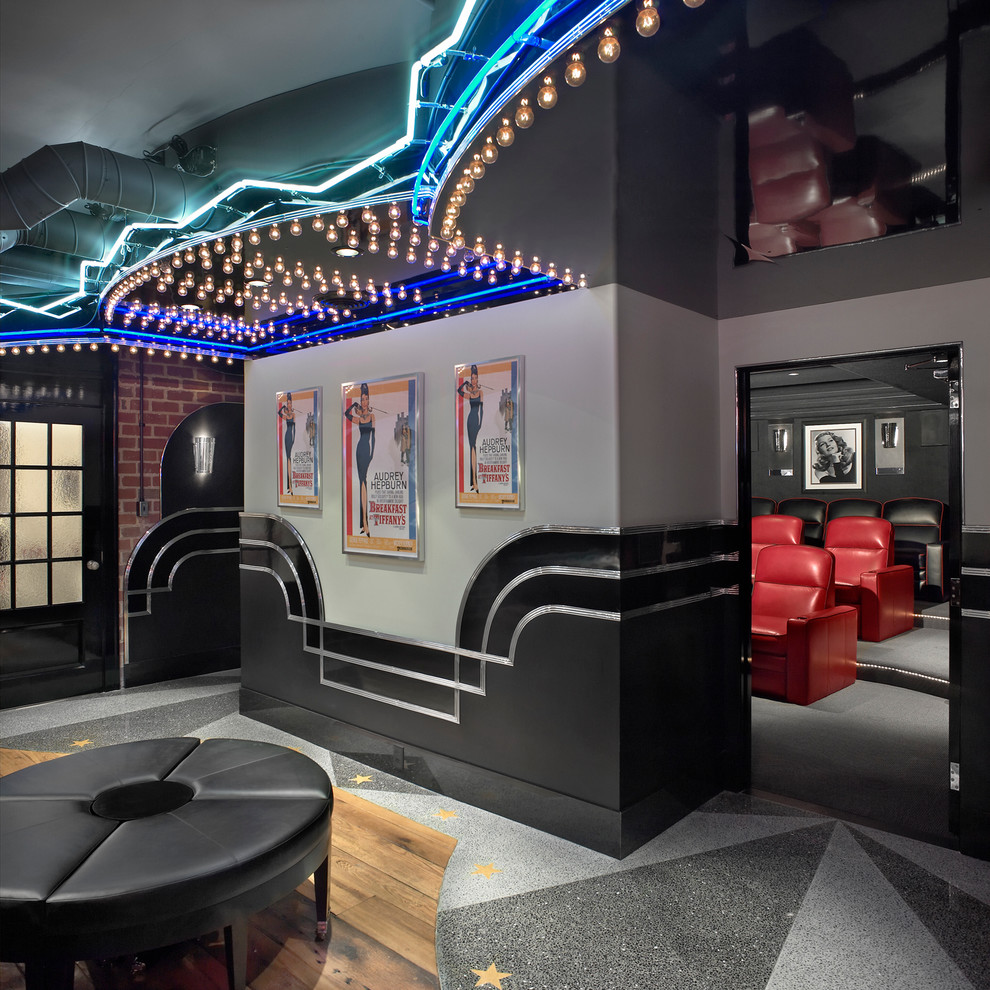 Идея дизайна: домашний кинотеатр в классическом стиле с серыми стенами