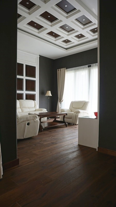 Mittelgroßes, Abgetrenntes Modernes Heimkino mit schwarzer Wandfarbe, dunklem Holzboden und TV-Wand in Sonstige