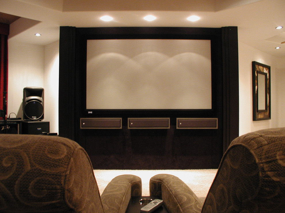 Inspiration for a contemporary home theater remodel in Other