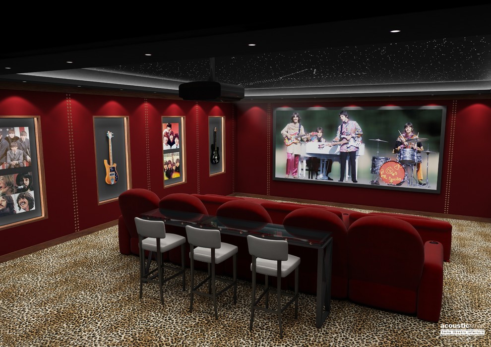 На фото: большой изолированный домашний кинотеатр в стиле неоклассика (современная классика) с красными стенами, ковровым покрытием, проектором и разноцветным полом с