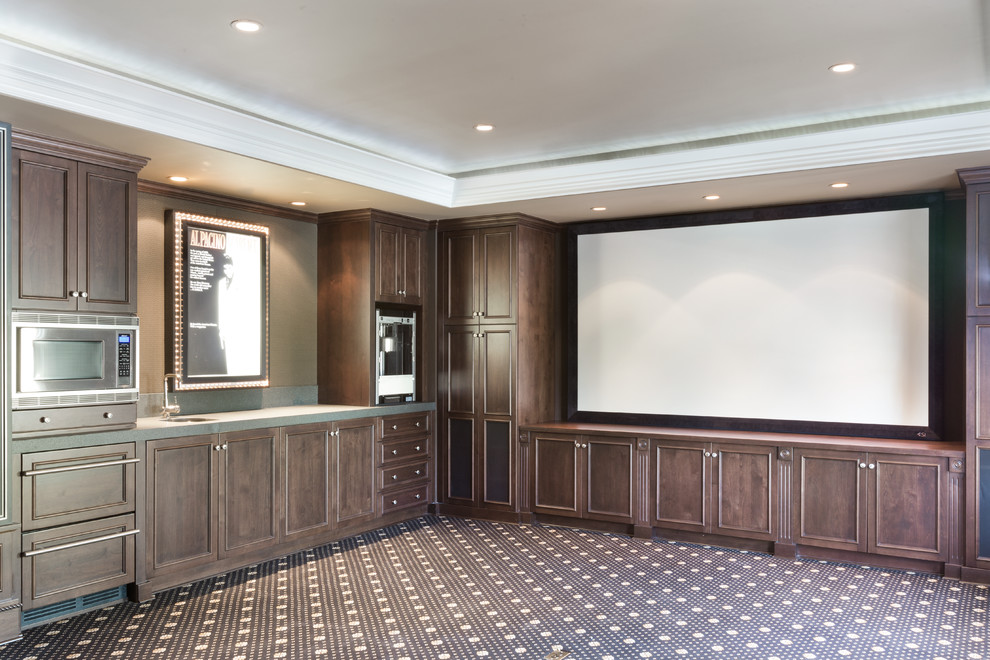 Mid-sized trendy enclosed carpeted home theater photo in San Francisco with brown walls and a projector screen