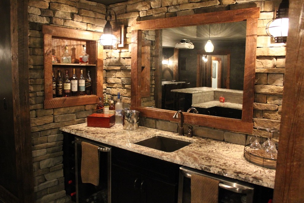 Example of a mid-sized mountain style open concept ceramic tile and brown floor home theater design in New York with brown walls and a projector screen