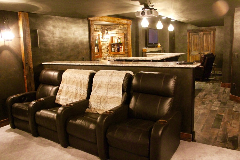 Inspiration for a mid-sized rustic enclosed porcelain tile and brown floor home theater remodel in Boston with gray walls and a projector screen