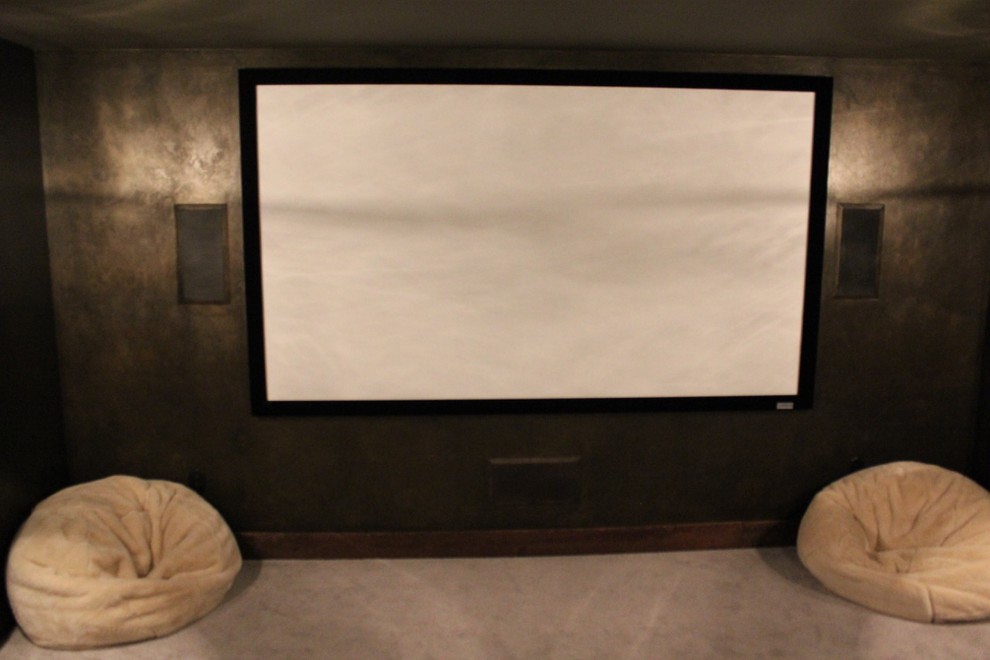 Example of a mid-sized mountain style enclosed porcelain tile and brown floor home theater design in Boston with a projector screen and gray walls