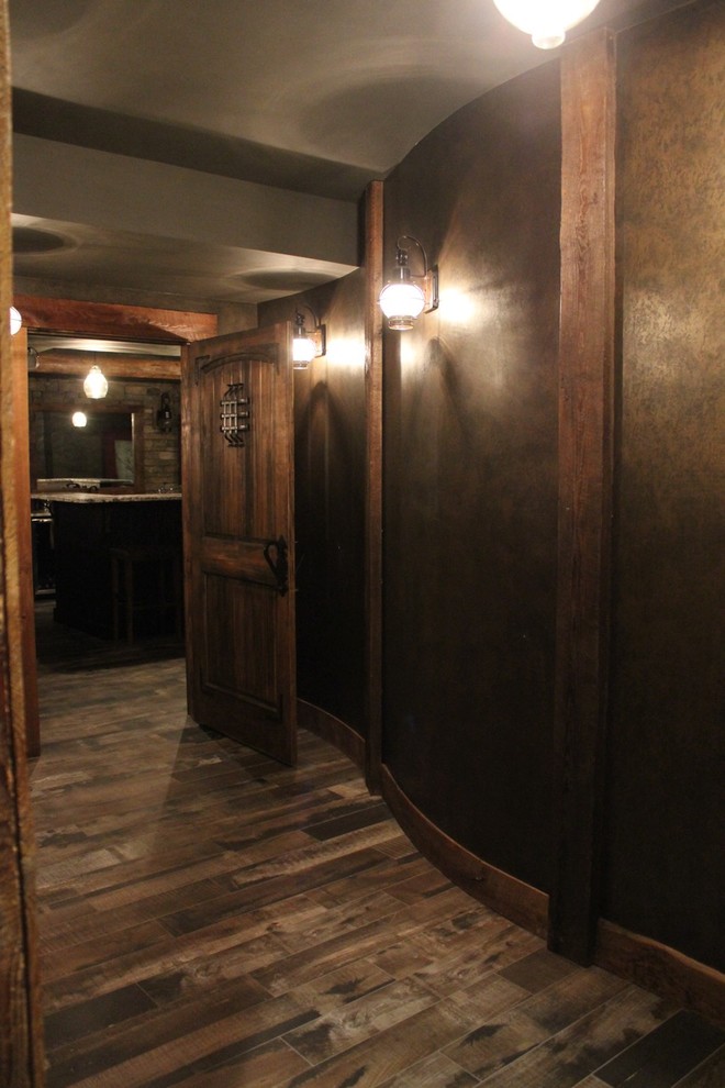 Mid-sized mountain style enclosed porcelain tile and brown floor home theater photo in Boston with a projector screen and gray walls