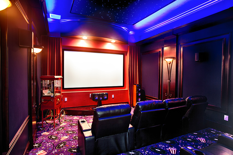 Inspiration for a medium sized classic enclosed home cinema in Orlando with red walls, carpet, a projector screen and multi-coloured floors.