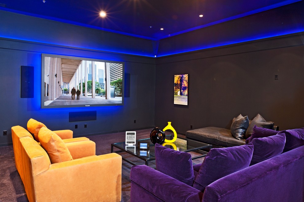 Inspiration for an eclectic enclosed purple floor home theater remodel in Los Angeles