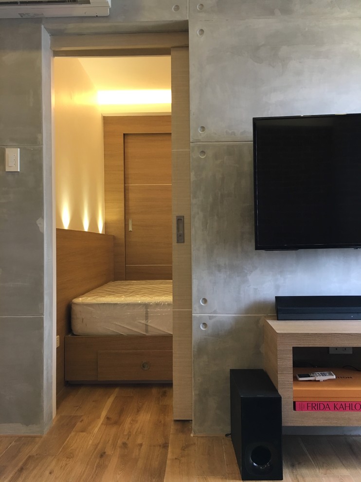 Inspiration för små moderna öppna hemmabior, med grå väggar, ljust trägolv och en väggmonterad TV