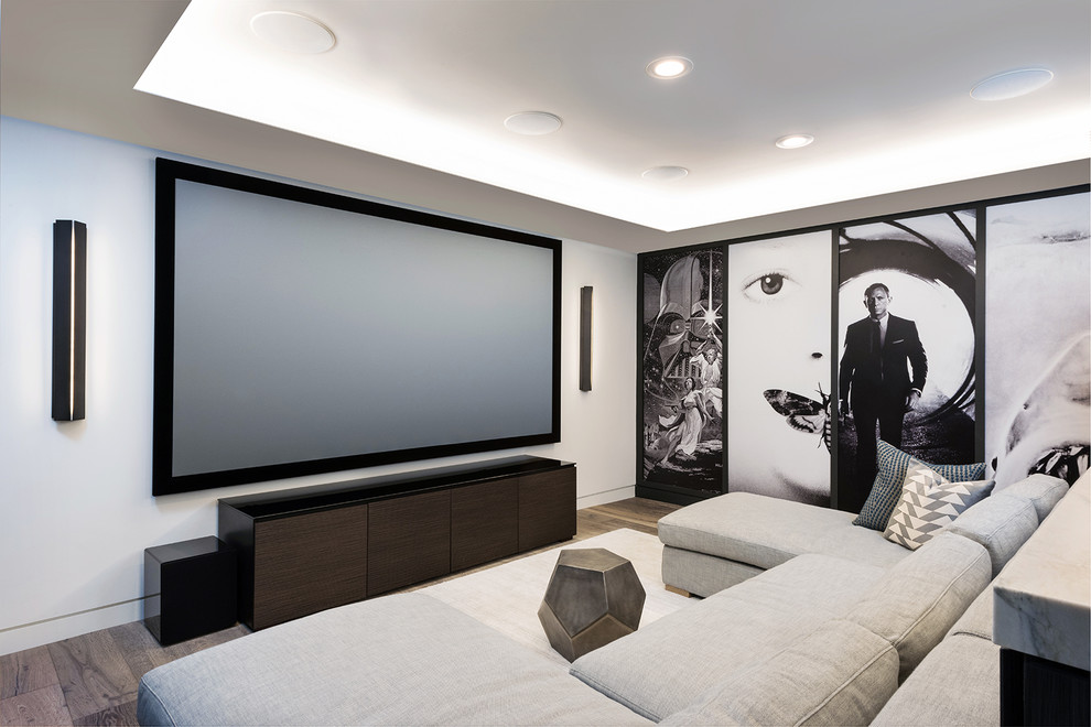 Diseño de cine en casa cerrado contemporáneo de tamaño medio con pantalla de proyección, suelo marrón, paredes blancas y suelo de madera oscura