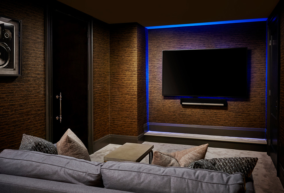 Design ideas for a medium sized classic enclosed home cinema in Toronto with brown walls, carpet, a wall mounted tv and grey floors.