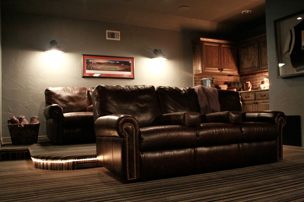 Mountain style open concept carpeted home theater photo in Dallas with a wall-mounted tv