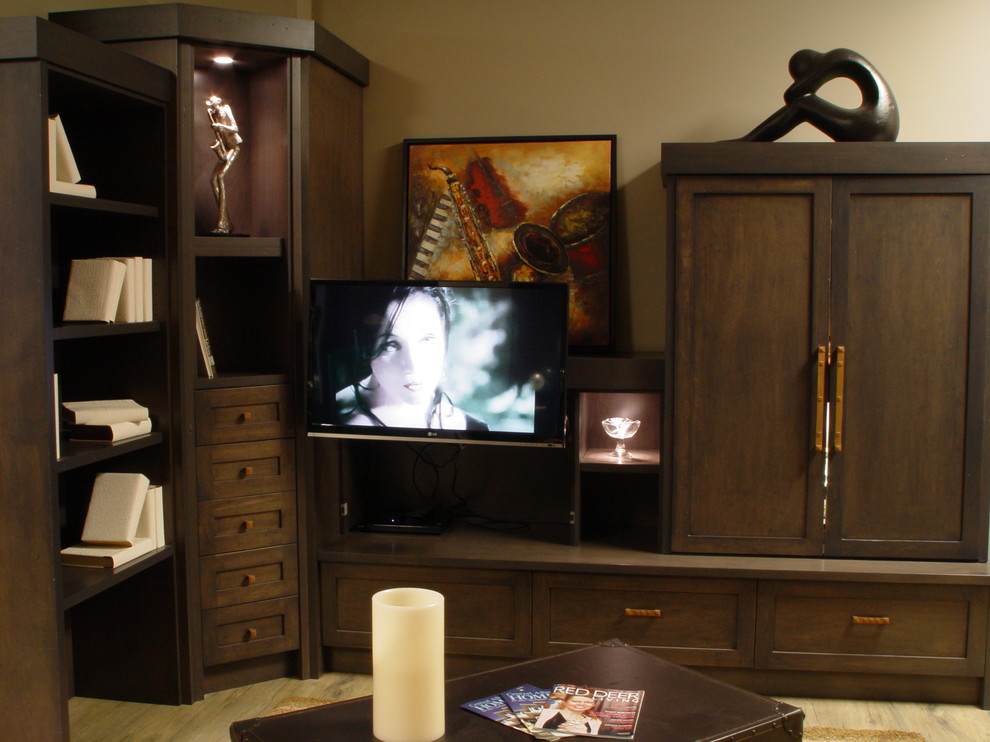 Example of an arts and crafts home theater design in Calgary with beige walls