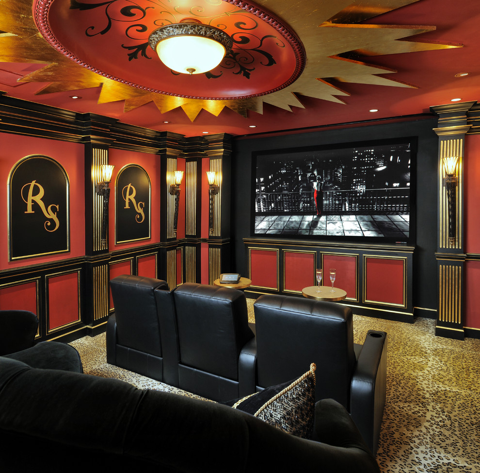 Mid-sized elegant carpeted home theater photo in Houston with red walls and a wall-mounted tv