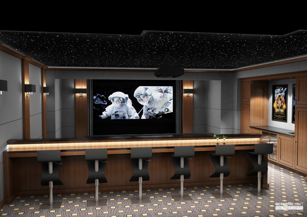 Идея дизайна: большой изолированный домашний кинотеатр в современном стиле с серыми стенами, ковровым покрытием, проектором и разноцветным полом