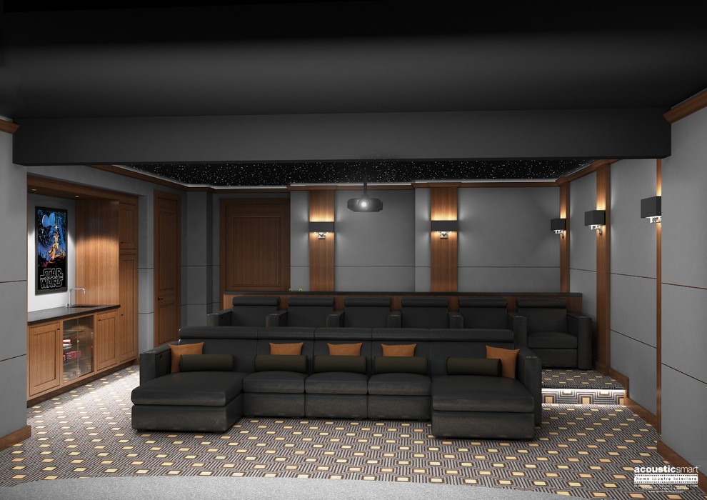 Cette photo montre une grande salle de cinéma tendance fermée avec un mur gris, moquette, un écran de projection et un sol multicolore.